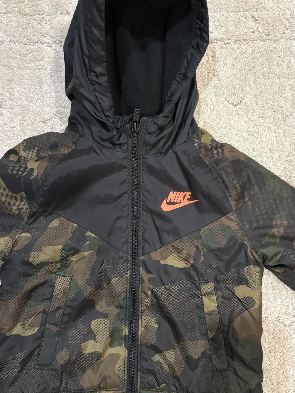 Nike Kids' Hooded Lightweight Jacket - Black & Olive Camo with Orange Logo
